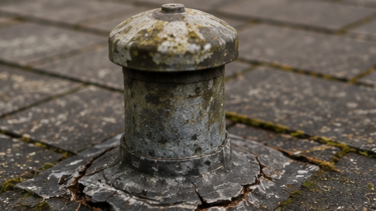 Oude beschadigde dakdoorvoer voor de reparatie